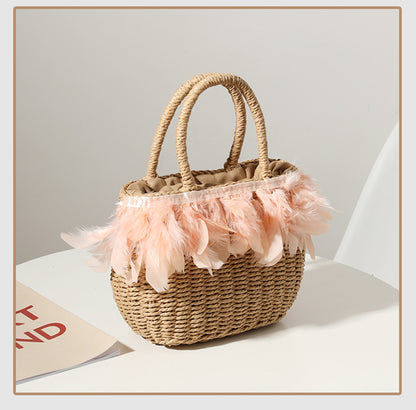 Woven Feather Straw Beach Bag White Fringe