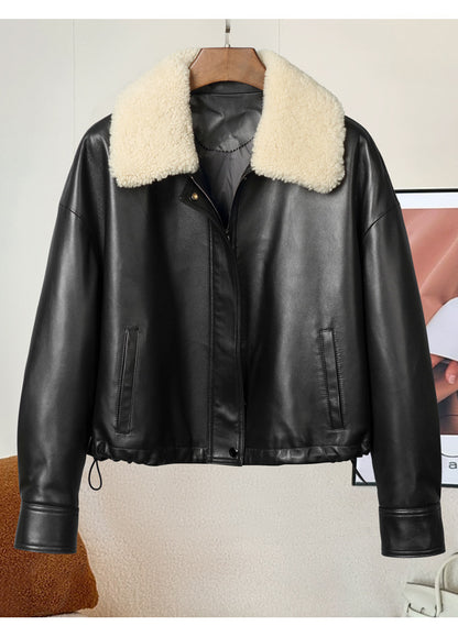 Women shearling collar leather flight jacket