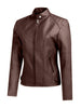 Brown Jacket for Women Slim Fit Faux Leather Motorcycle Biker