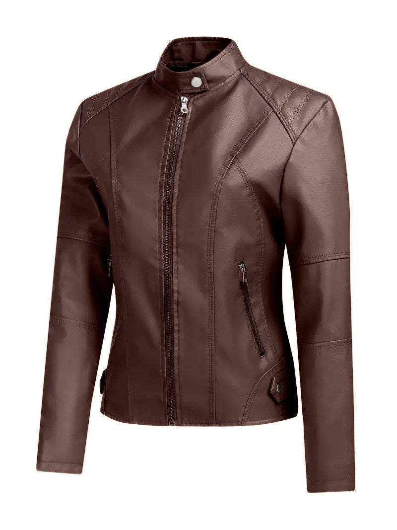 Brown Jacket for Women Slim Fit Faux Leather Motorcycle Biker