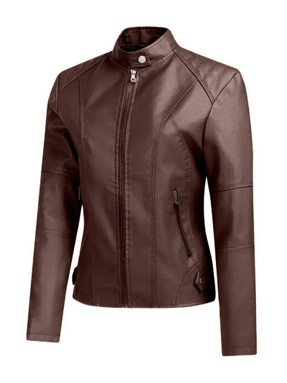 Brown Jacket for Women Slim Fit Faux Leather Motorcycle Biker
