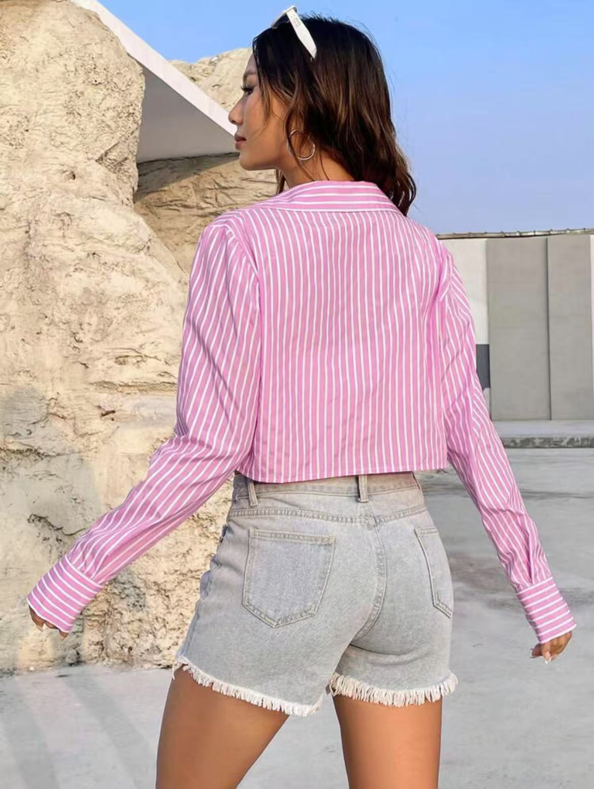 Solid Button Front Crop Shirt