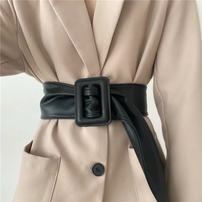 Women’s Wide Faux Leather Waist Belt with Square Buckle