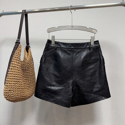 High Waisted Black Genuine Leather Shorts with Front Pockets