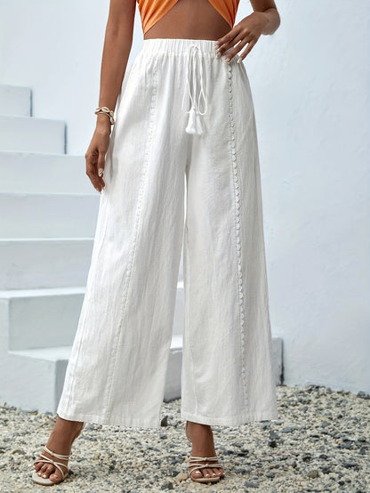 White Cotton Wide Leg Beach Pants for Women