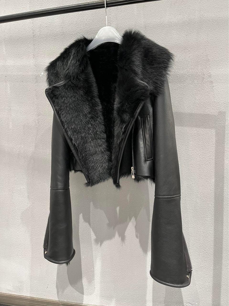 Women’s Genuine Leather Bomber Jacket with Shearling Fur Collar