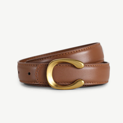 Women’s Black Leather Belt with Slim Gold C Buckle