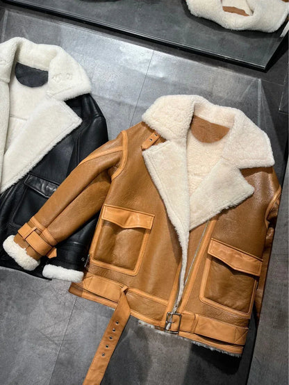 Women Genuine Leather Bomber Jacket with Real Fur Brown S