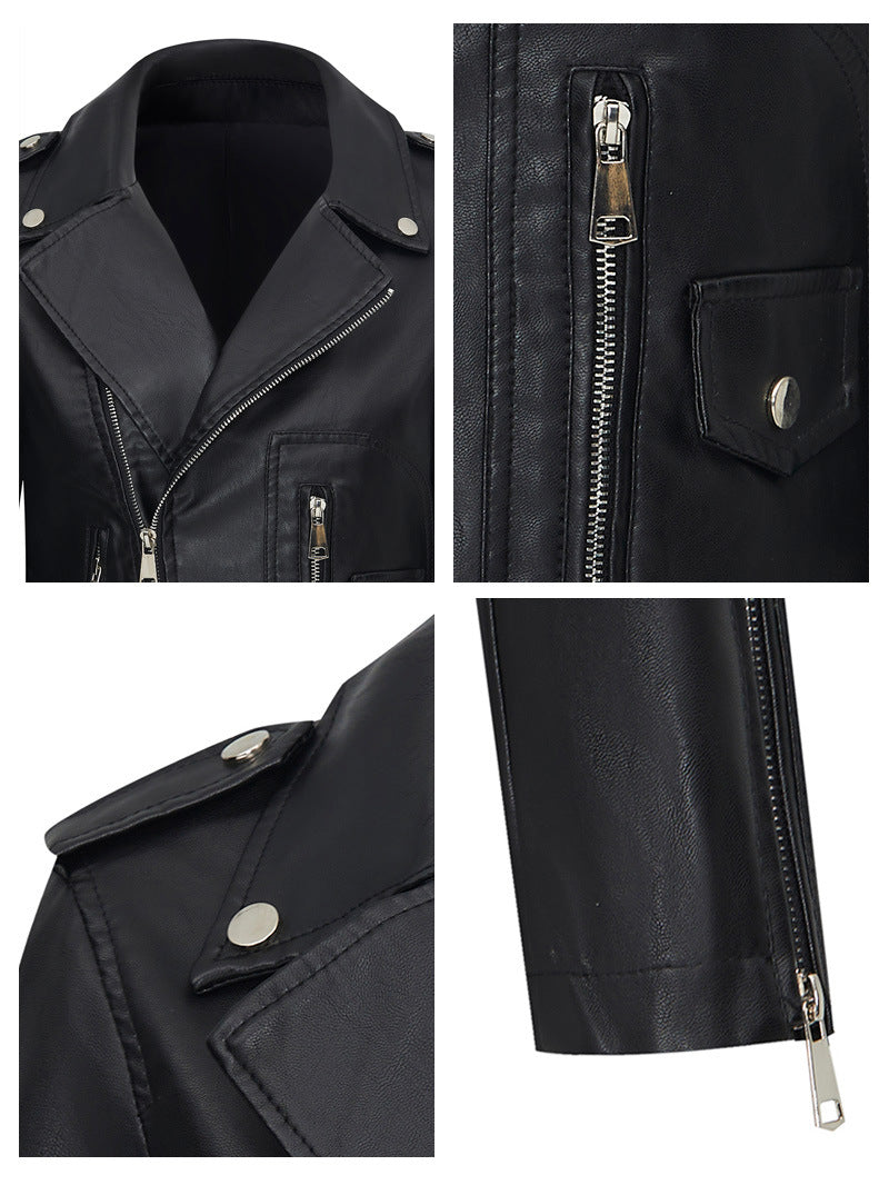 Black Faux Leather Moto Jacket with Zipper Pockets for Women