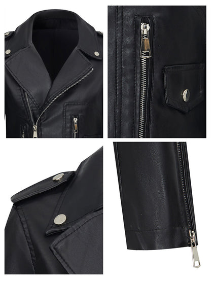 Black Faux Leather Moto Jacket with Zipper Pockets for Women