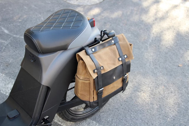 Motorcycle Pannier Bag in Waxed Canvas with Genuine Leather Trim