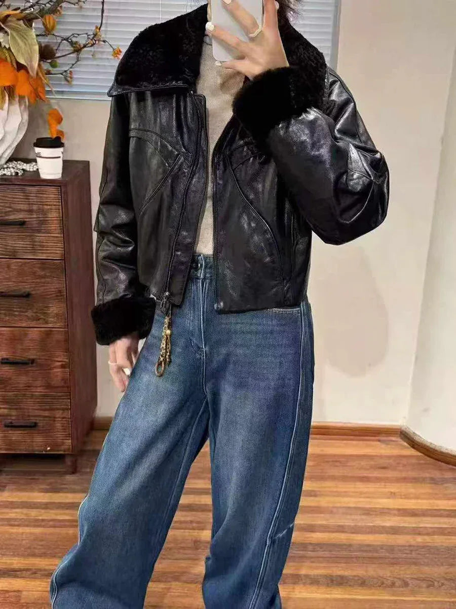 Genuine waxed sheepskin leather jacket with fur