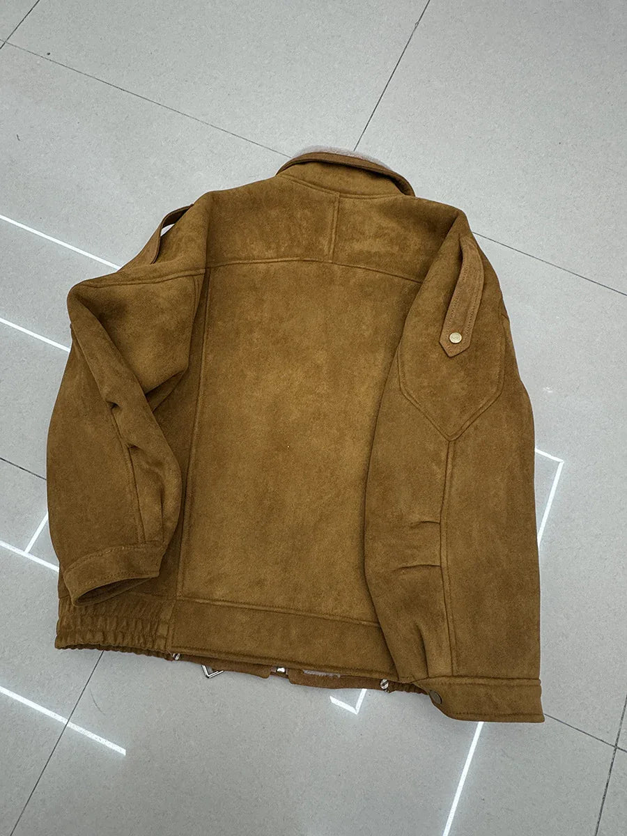 Women Suede Lambswool Real Fur Moto Jacket