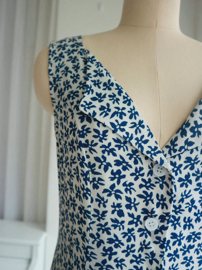 French Retro Blue Floral Button-Front A-Line Mini Dress