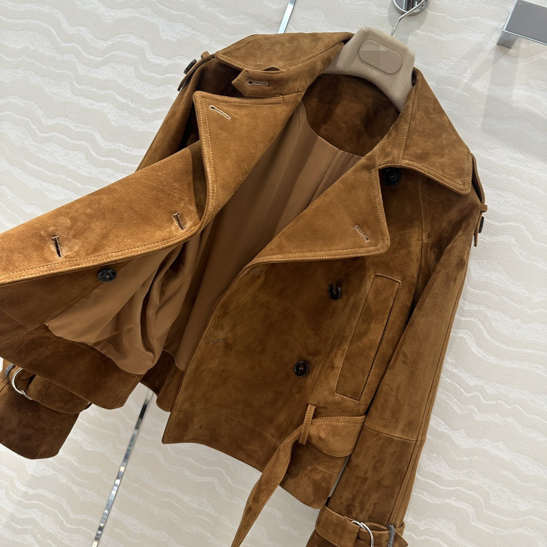 Women Cropped Suede Short Trench Jacket with Belt