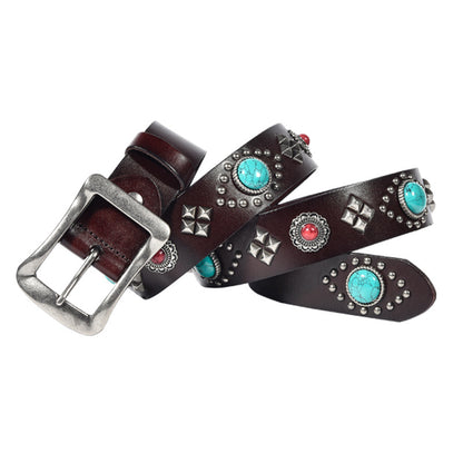 Western Punk Leather Belt with Studs and Turquoise Stones