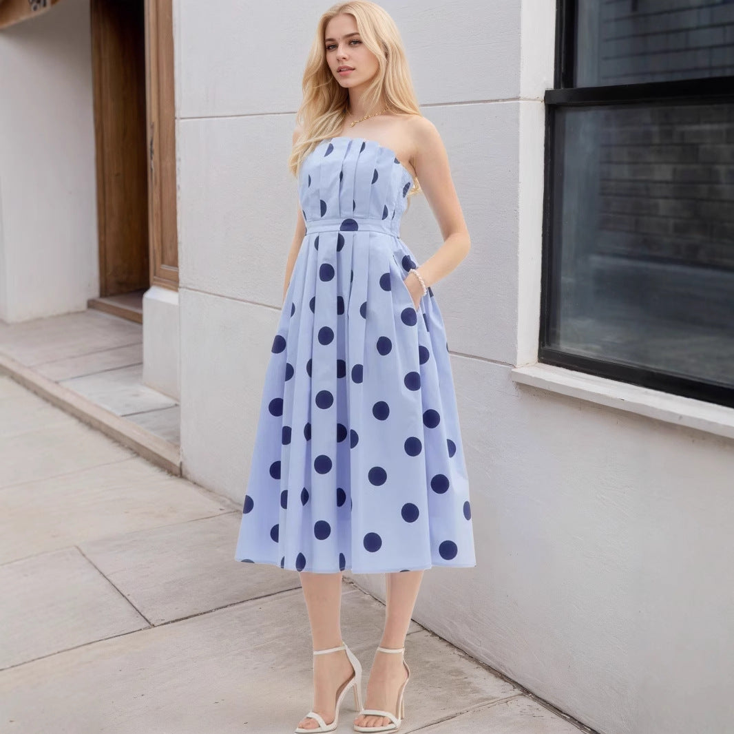 Women Polka Dot Strapless Midi Dress Summer
