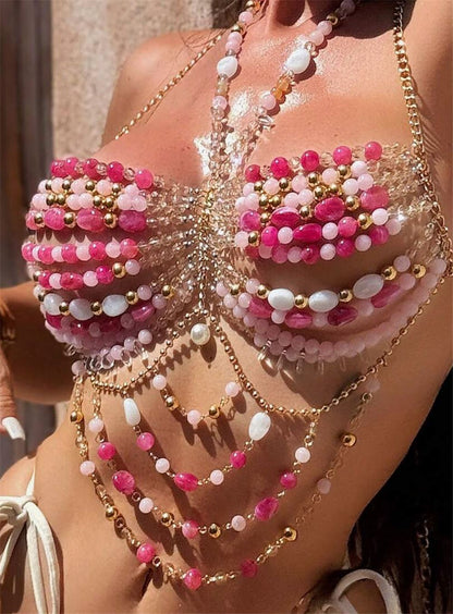 Pink Crystal Body Chain Bralette with Beaded Tassel Drapes