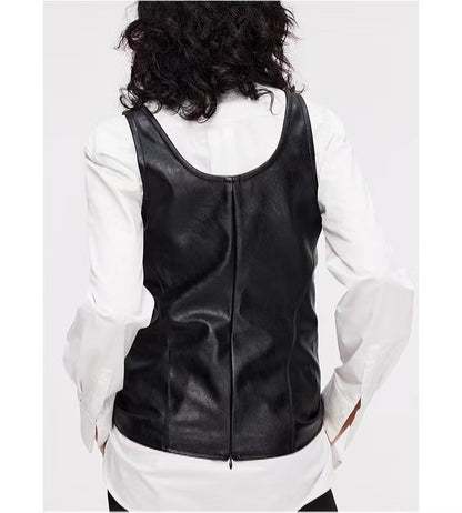 Women Genuine Leather Vest Biker Layered Tank