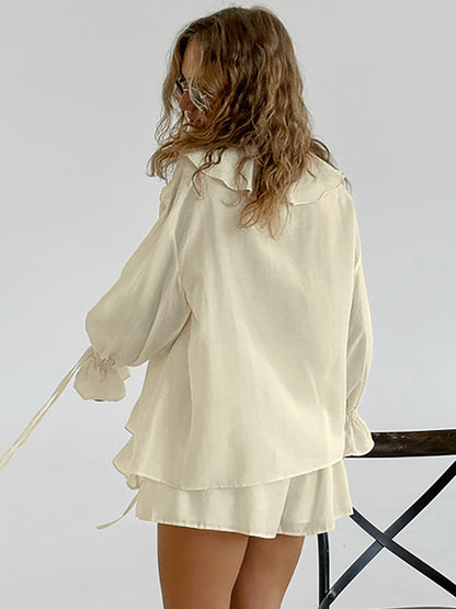 Ruffled Lace-Up Top and Shorts Set for Women Two-Piece Outfit