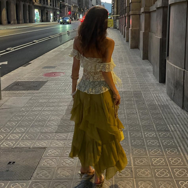 Lace-Up One Shoulder Top for Women Ruffle Ribbon Blouse