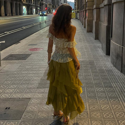 Lace-Up One Shoulder Top for Women Ruffle Ribbon Blouse