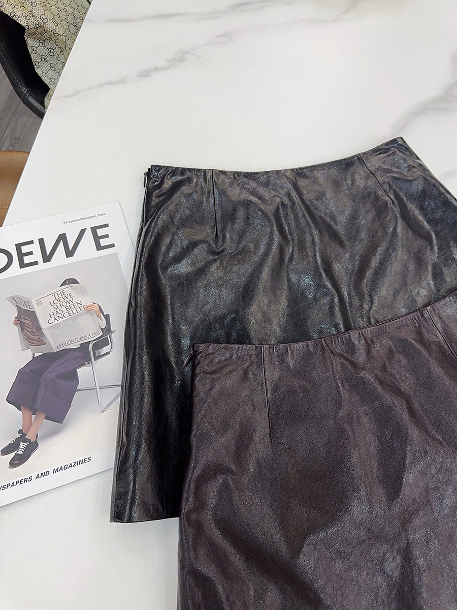 Women’s Leather Mini Skirt High Waist Oil Wax A-Line