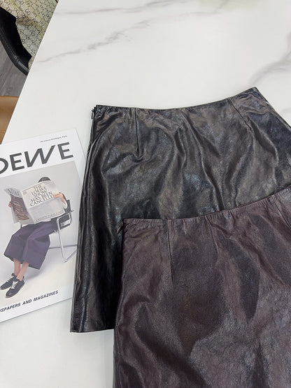 Women’s Leather Mini Skirt High Waist Oil Wax A-Line
