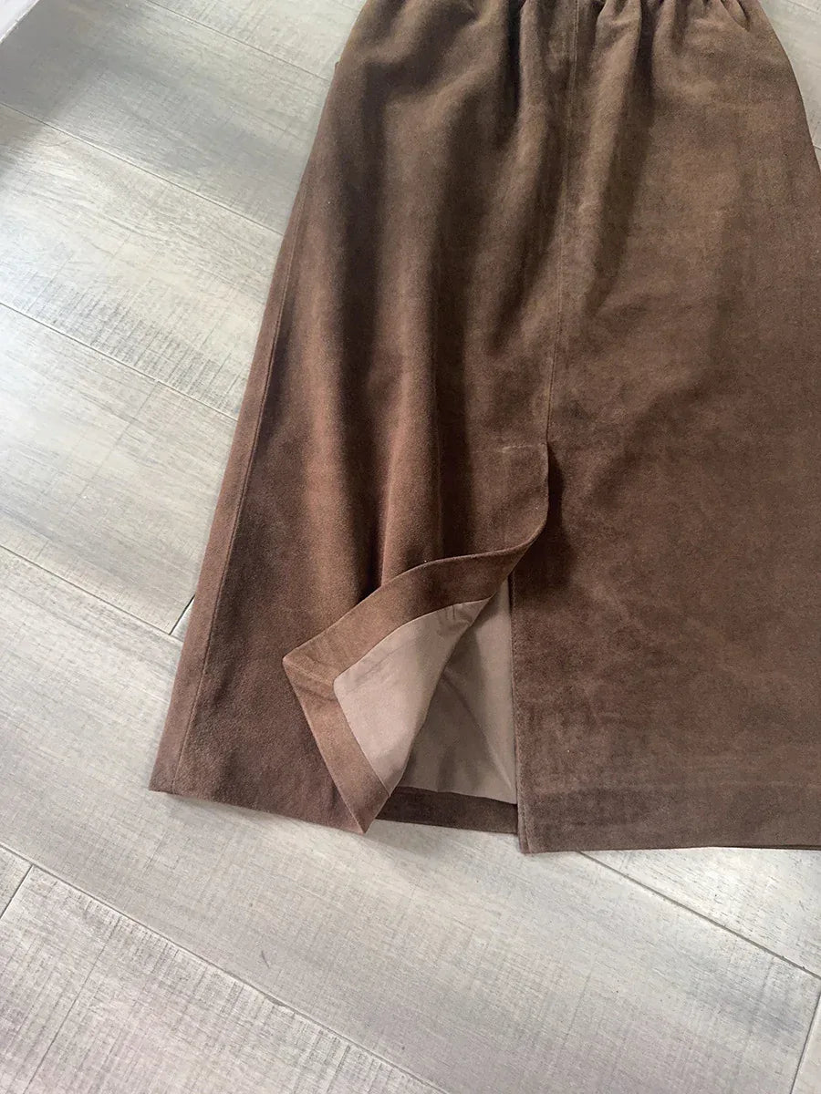 Women’s Genuine Suede Midi Skirt High Waist