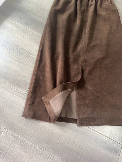 Women’s Genuine Suede Midi Skirt High Waist