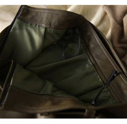 Olive Green Sheepskin Mid Length Leather Skirt with Belt and Slit