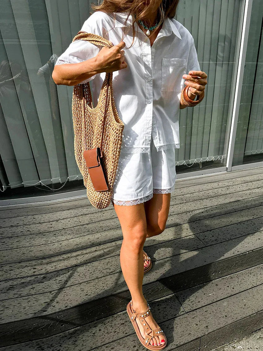 Solid color lace trim shorts set