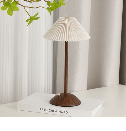 Nordic Pleated Table Lamp Rechargeable LED Wooden Base Bedside Light