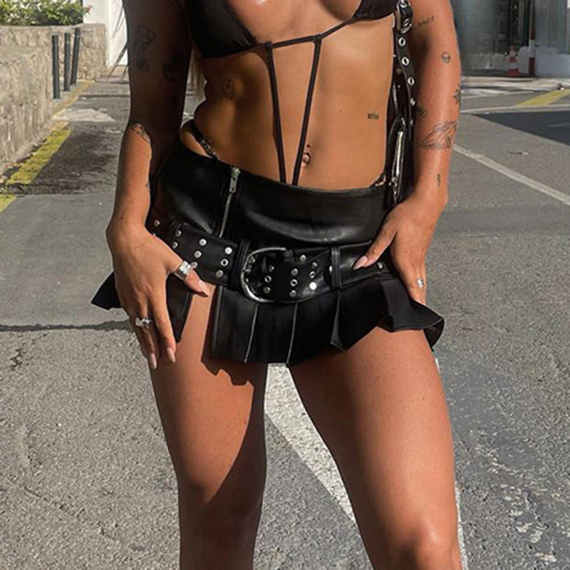 Imitation Leather Belted Mini Skirt