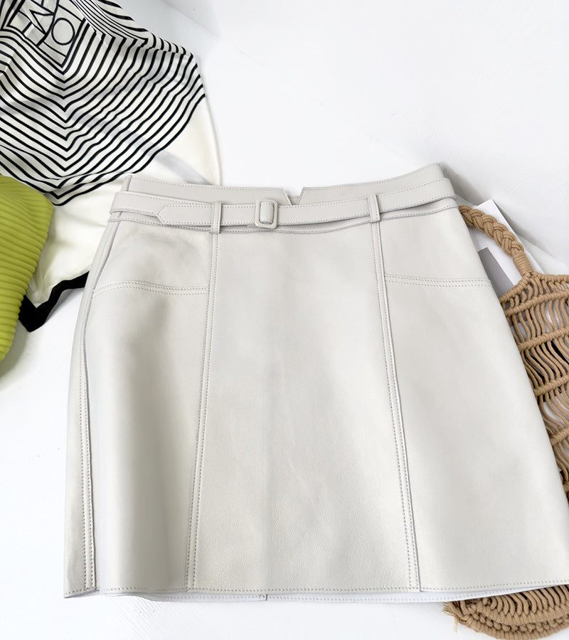 Genuine Leather A-Line Mini Skirt With Belt