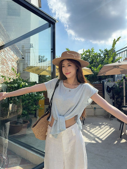 round neck t shirts for women with waist knot