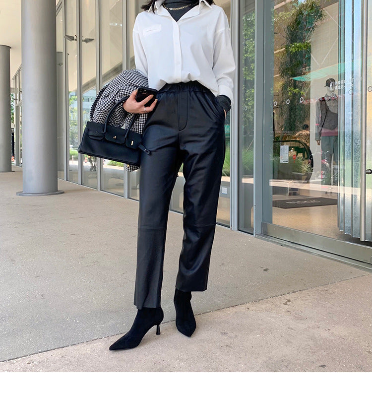 Women Brown Cropped Leather Pants Elastic Waist