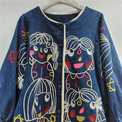 Retro Embroidered Denim Jacket for Women