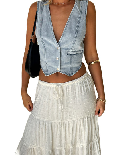 Women's Denim Vest Top With Front Buttons
