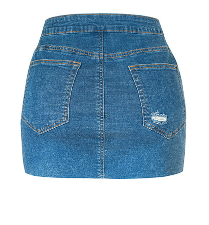 Ripped Washed Denim Mini Skirt with Multi-Button Front