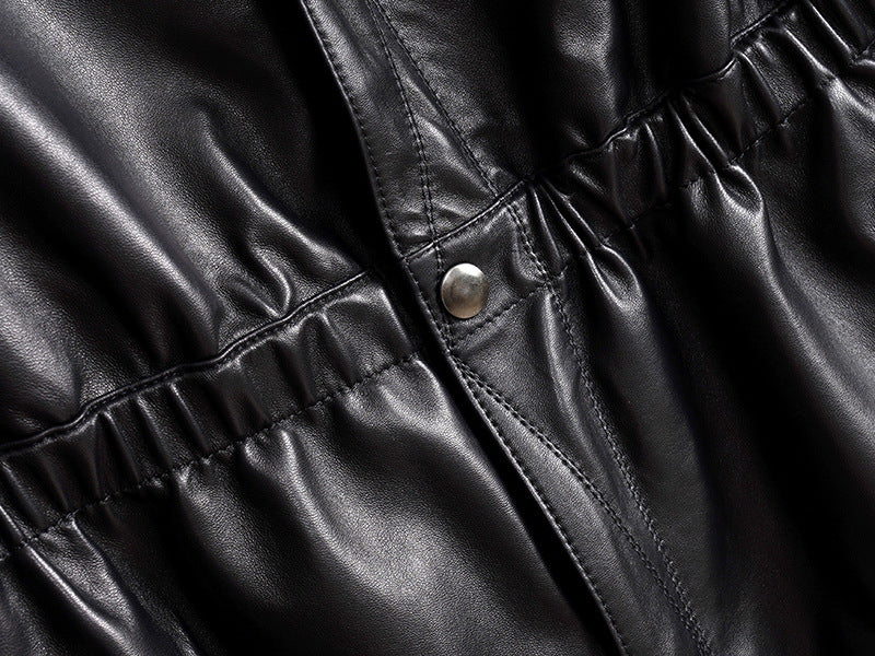 Women’s Leather Moto Trench Coat with Waist Cinch and Buckle Collar