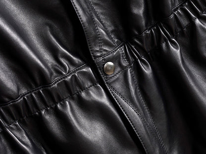 Women’s Leather Moto Trench Coat with Waist Cinch and Buckle Collar