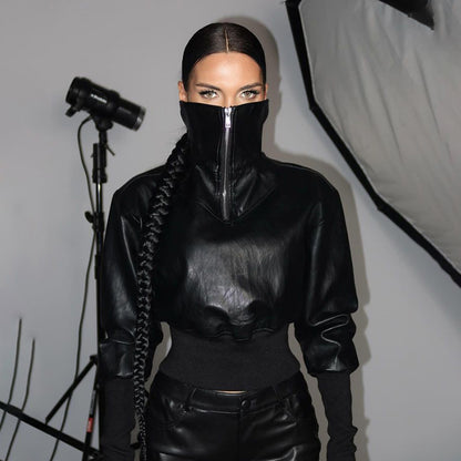 Cropped Faux Leather Bomber Jacket for Women