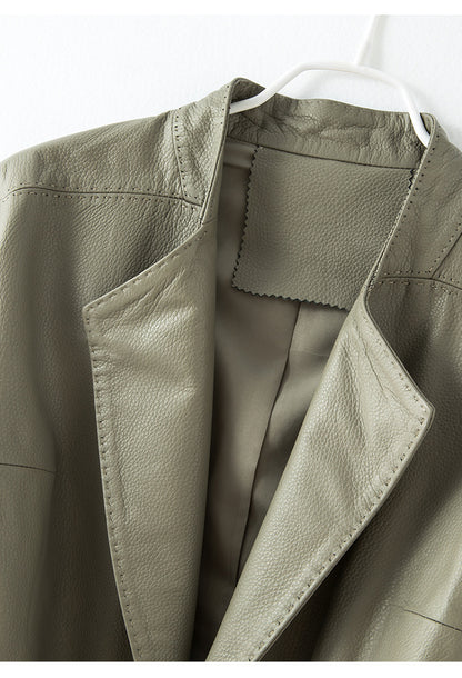 Women Leather Jacket Lychee Grain Belted Short Coat