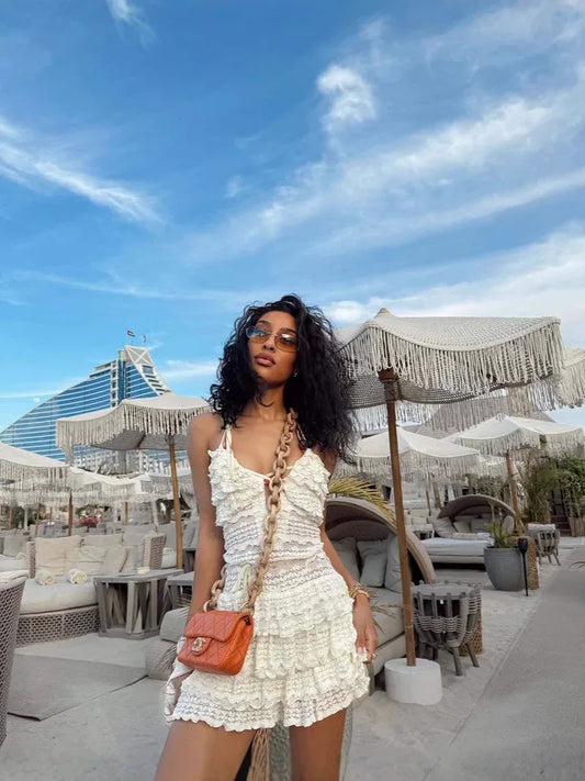 Lace halter ruffle mini dress for women