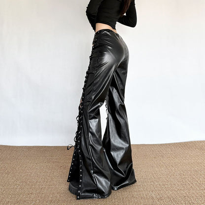Flared faux leather pants lace up
