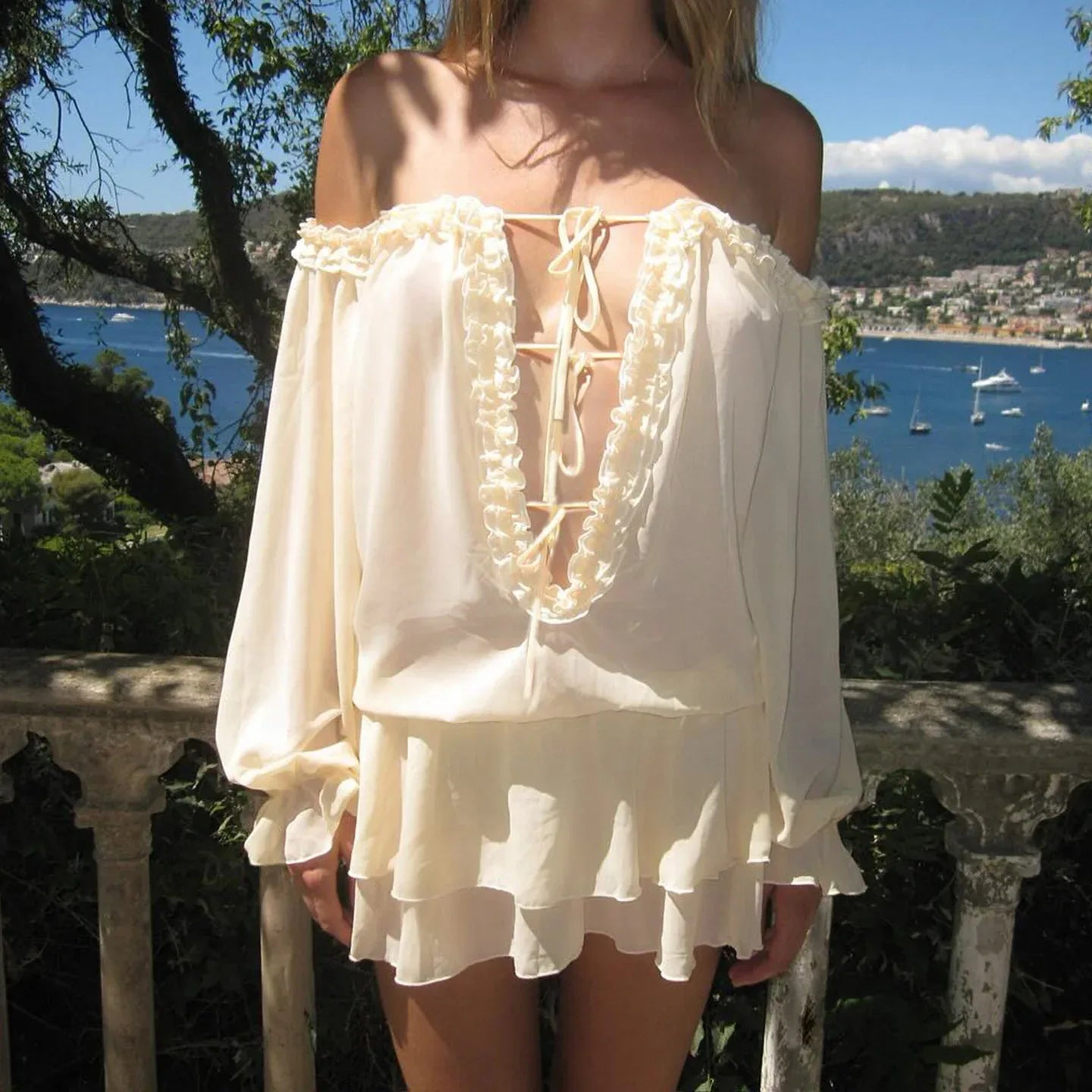 Bohemian off shoulder ruffled chiffon mini