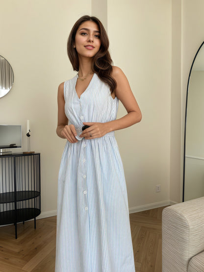 Women’s Striped Sleeveless Midi Dress Button Down A-Line