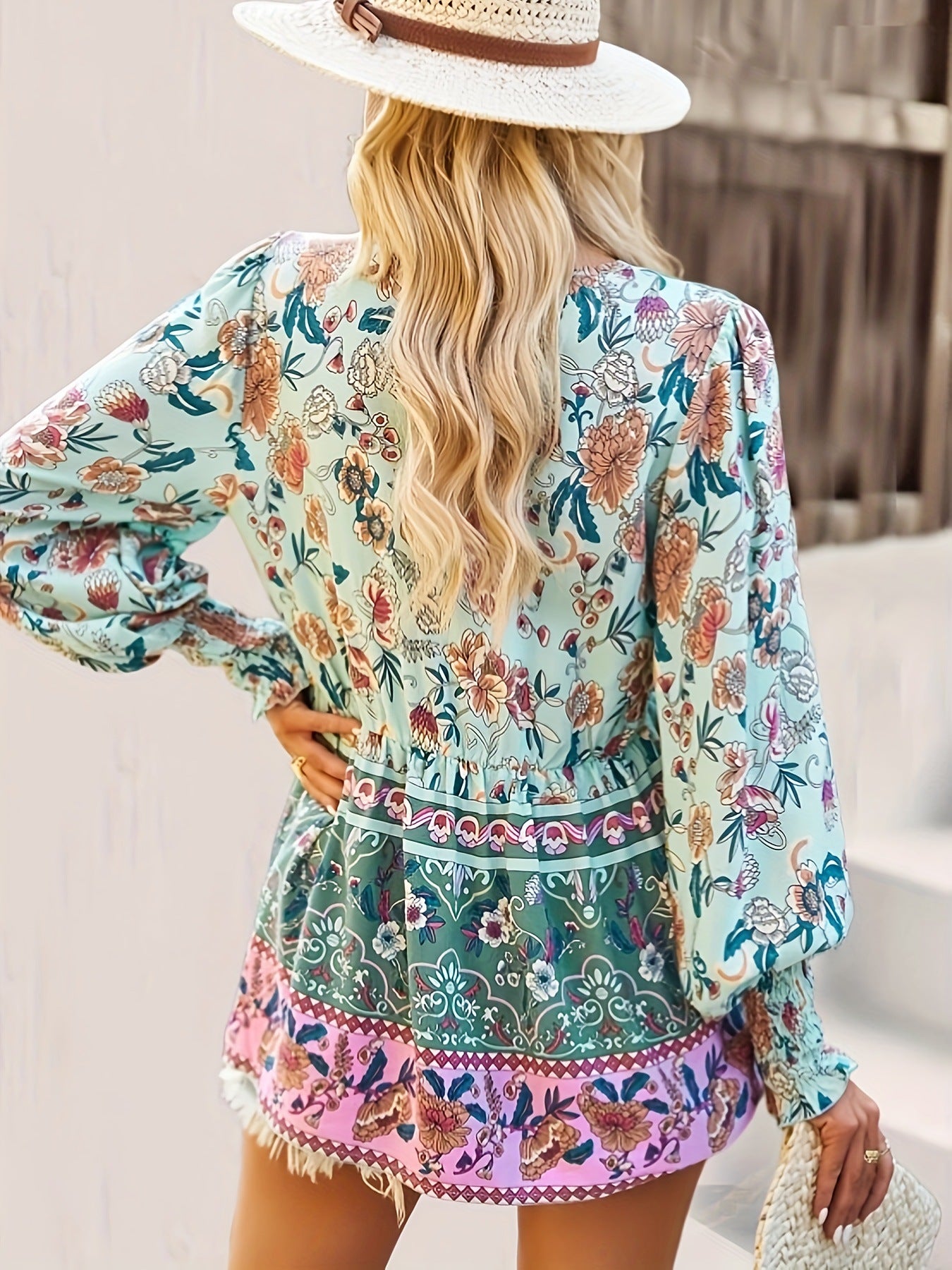Tassel tie boho blouse with patchwork floral panels