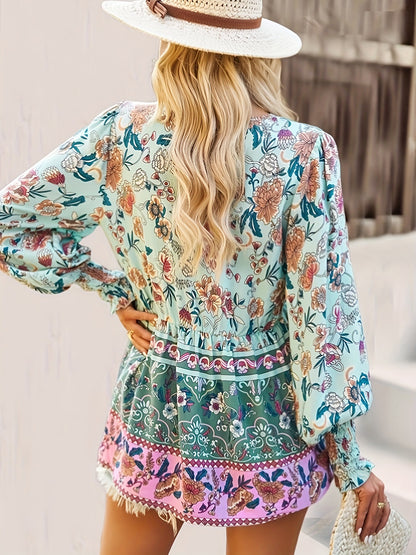 Tassel tie boho blouse with patchwork floral panels